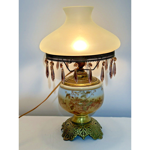 Antique 19" GWTW Hurricane Converted Brass Oil Lamp W/Prisms Porcelain Glass - Picture 1 of 16